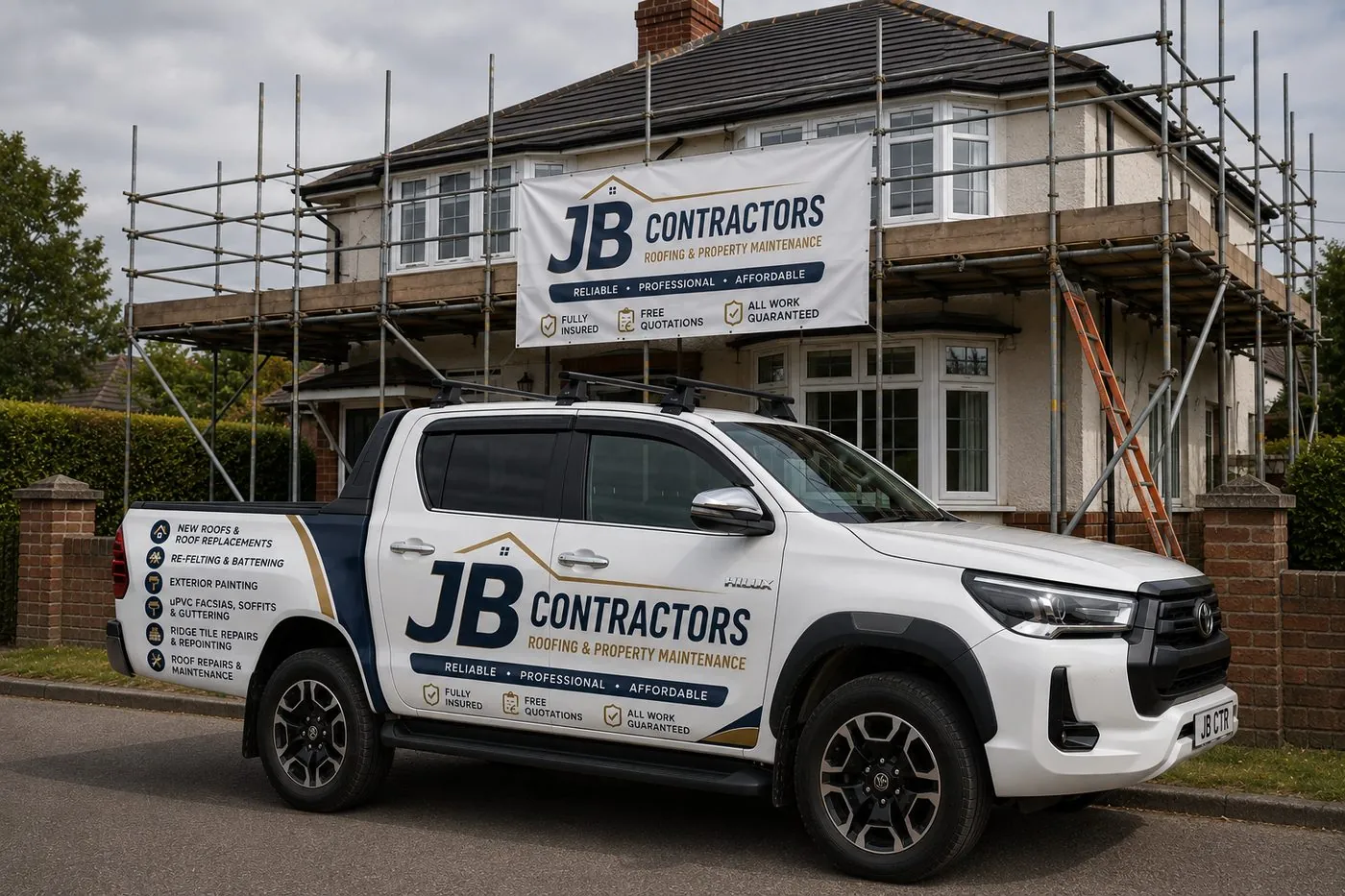 Porthleven Roofing pickup truck on site at a scaffolded roofing job in Porthleven